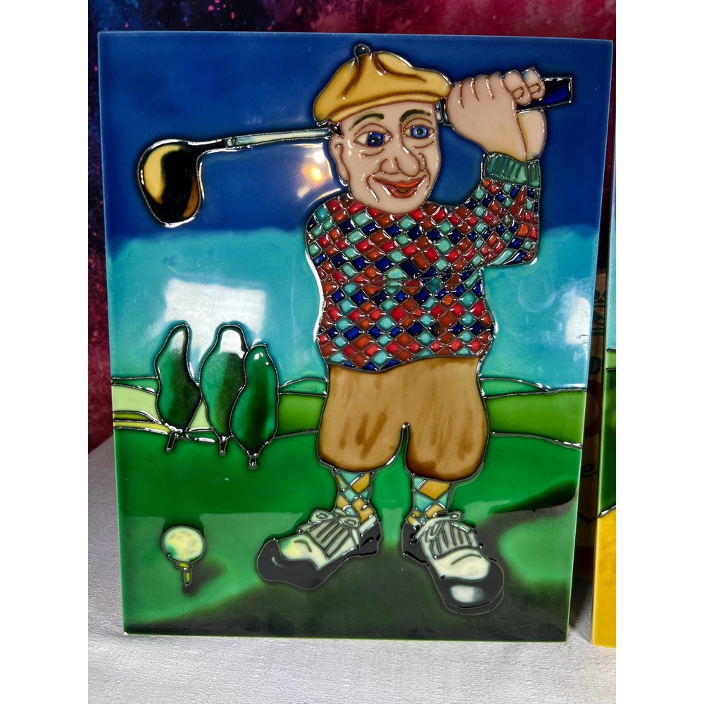 Vintage Hand Painted Ceramic Golf Tiles Set of 3 Whimsical Golfer Wall Art 8x12